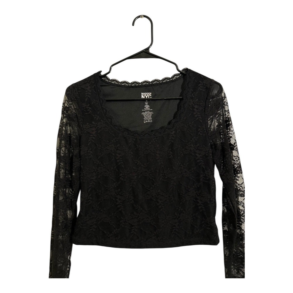Madden NYC Whimsigoth Crop Top Black Floral Lace Scoop Neck Long Sleeve Size M